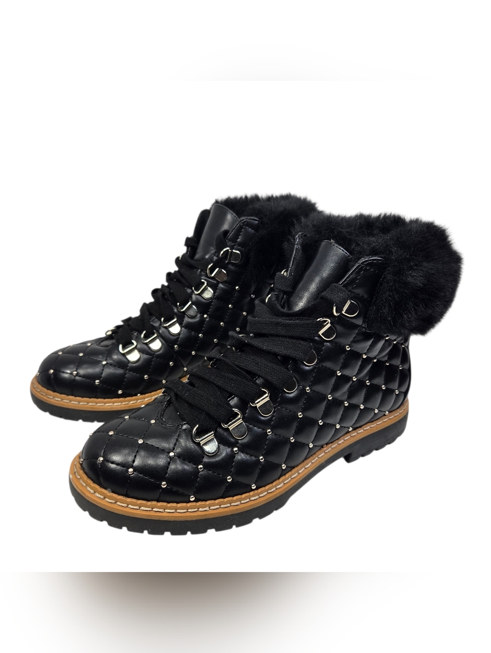 Quilted Black Faux Fur Lace-Up Ankle Boots